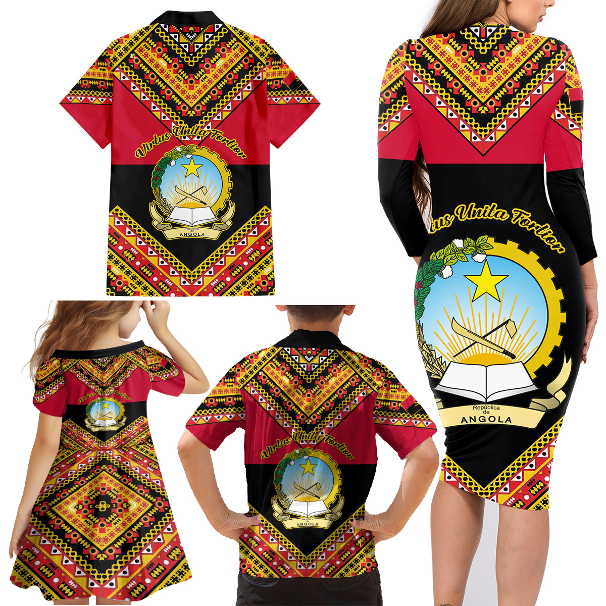 Angola Independence Day Family Matching Long Sleeve Bodycon Dress and Hawaiian Shirt Coat Of Arms Samakaka Pattern - Wonder Print Shop