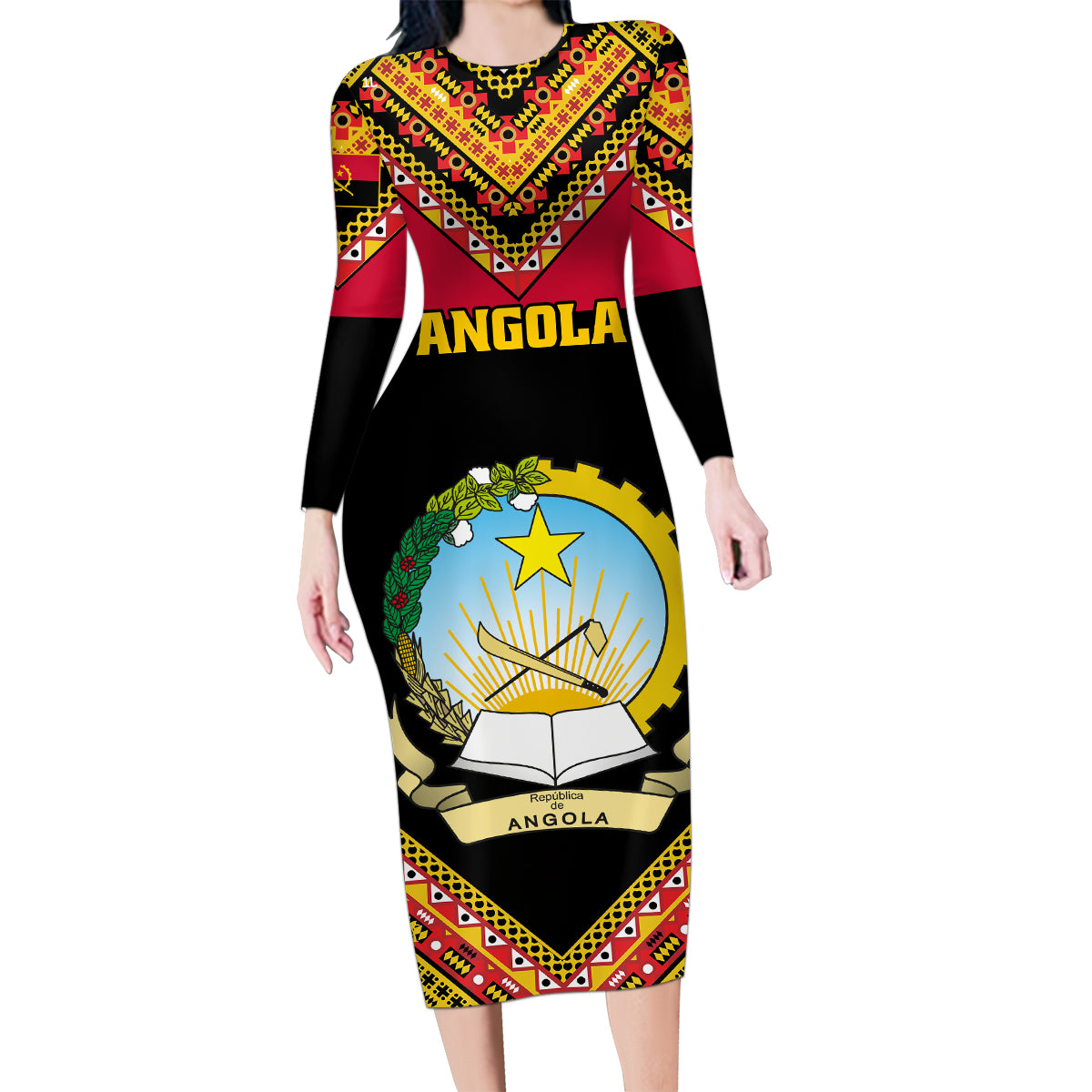 Angola Independence Day Family Matching Long Sleeve Bodycon Dress and Hawaiian Shirt Coat Of Arms Samakaka Pattern - Wonder Print Shop