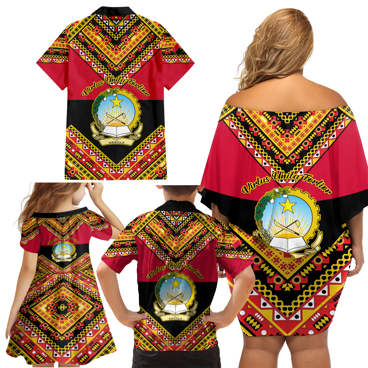 Angola Independence Day Family Matching Off Shoulder Short Dress and Hawaiian Shirt Coat Of Arms Samakaka Pattern - Wonder Print Shop