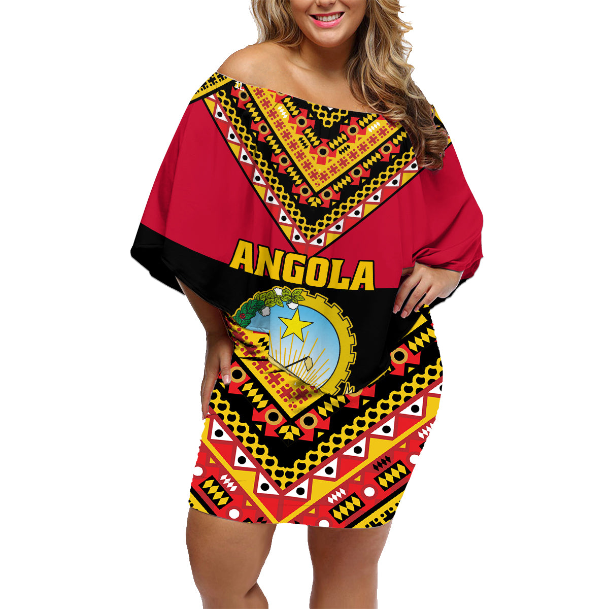 Angola Independence Day Family Matching Off Shoulder Short Dress and Hawaiian Shirt Coat Of Arms Samakaka Pattern - Wonder Print Shop