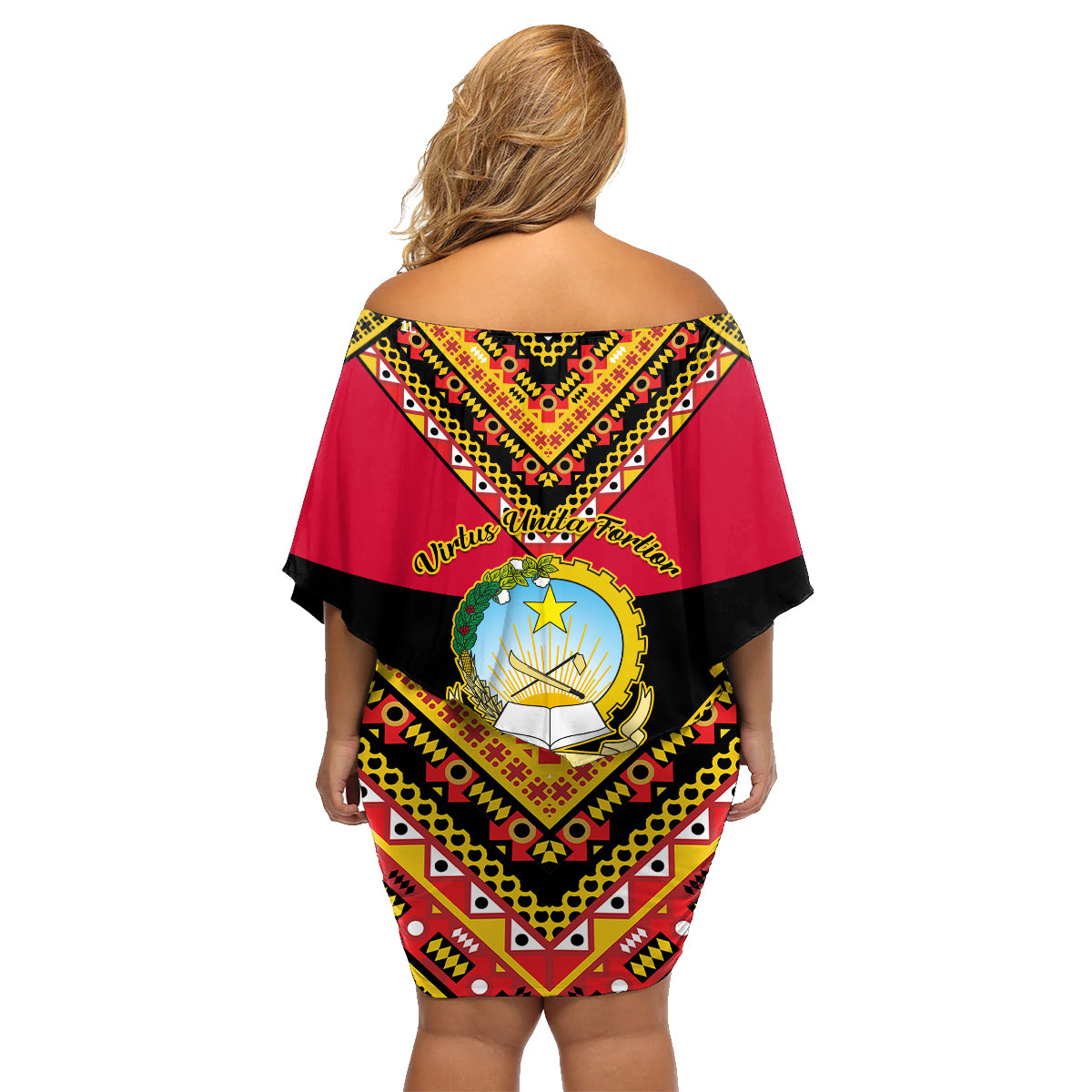 Angola Independence Day Family Matching Off Shoulder Short Dress and Hawaiian Shirt Coat Of Arms Samakaka Pattern - Wonder Print Shop