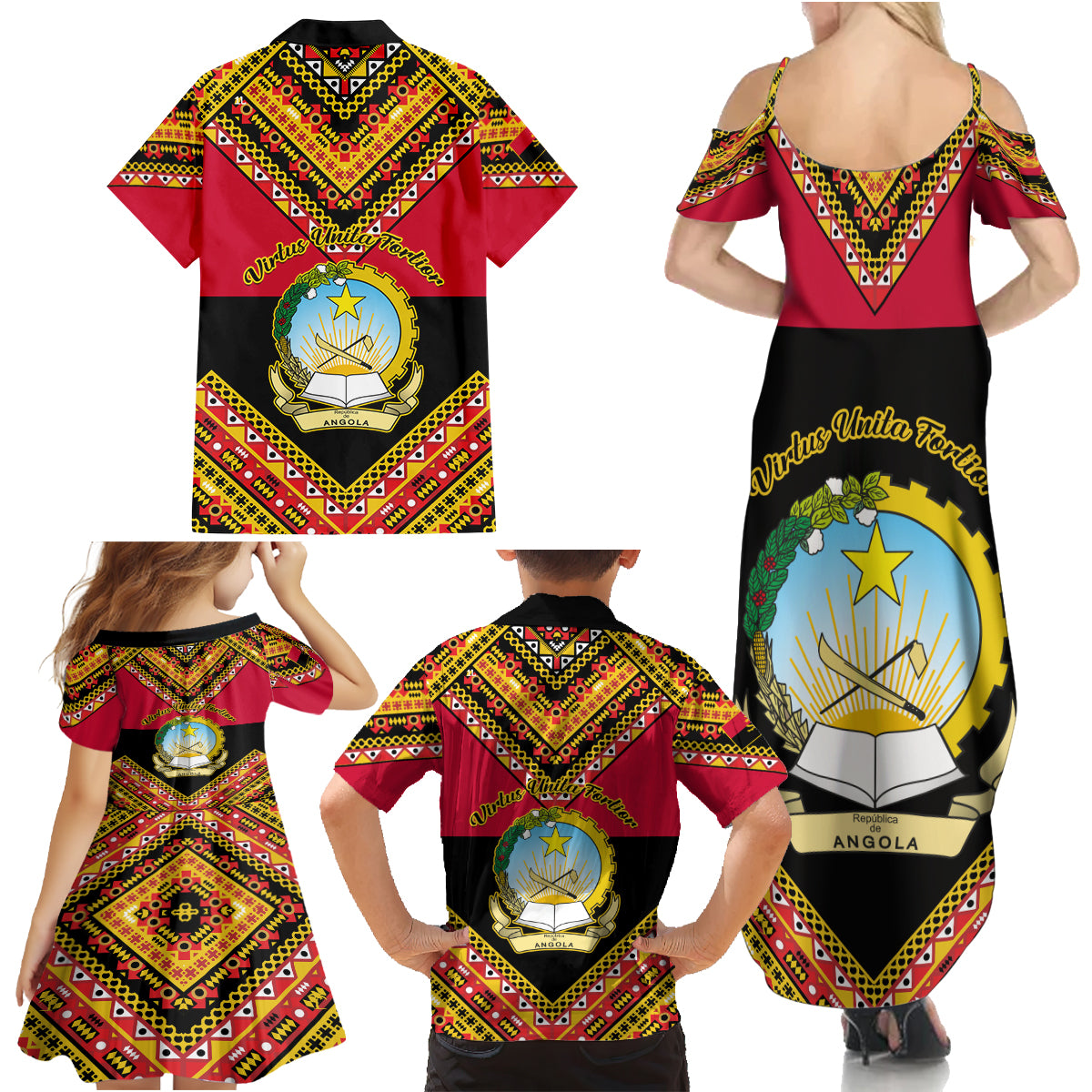 Angola Independence Day Family Matching Summer Maxi Dress and Hawaiian Shirt Coat Of Arms Samakaka Pattern - Wonder Print Shop