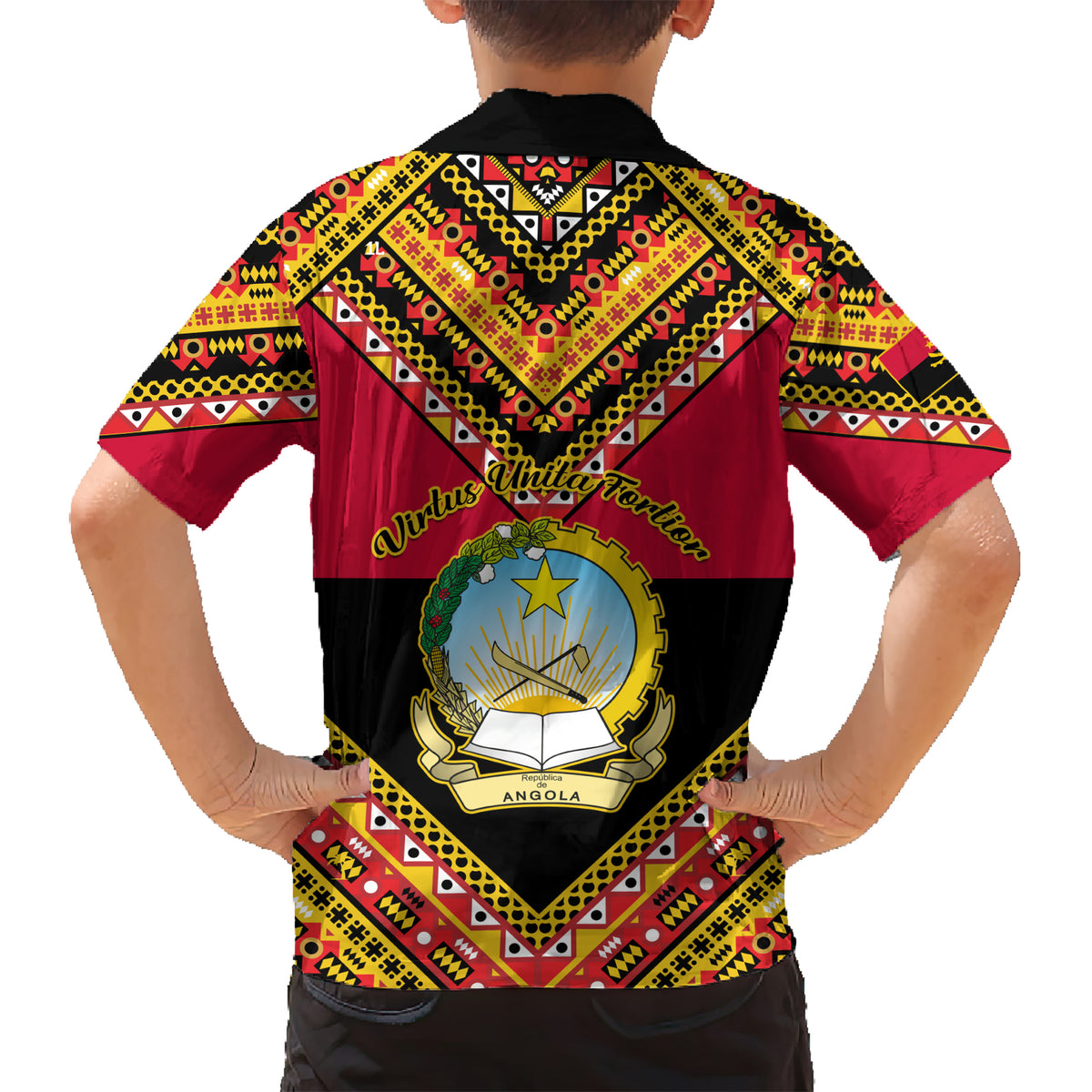 Angola Independence Day Kid Hawaiian Shirt Coat Of Arms Samakaka Pattern - Wonder Print Shop