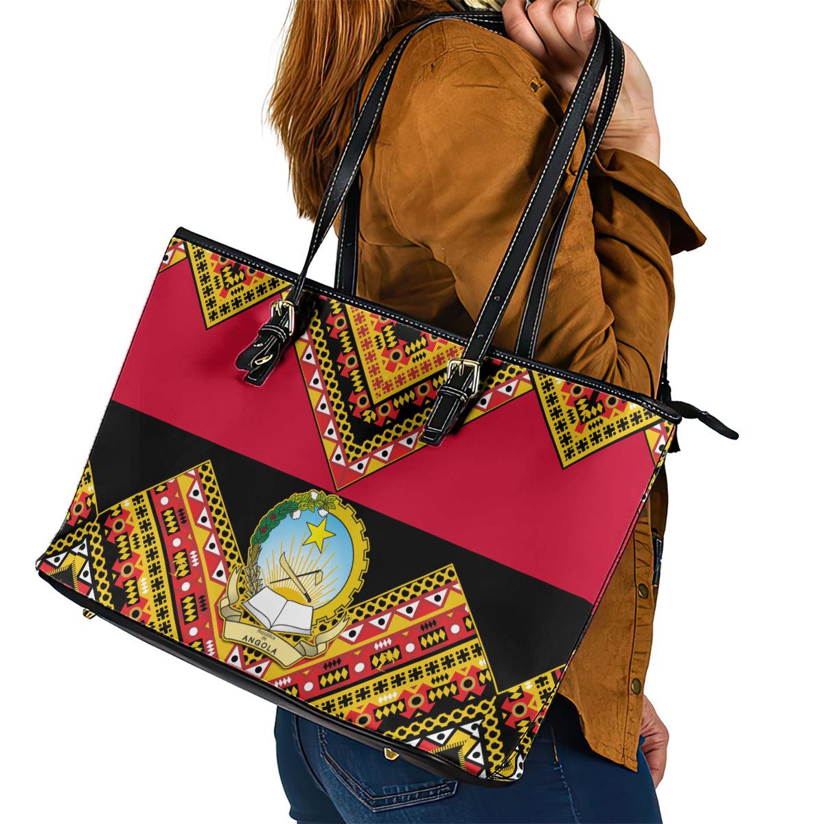 Angola Independence Day Leather Tote Bag Coat Of Arms Samakaka Pattern - Wonder Print Shop
