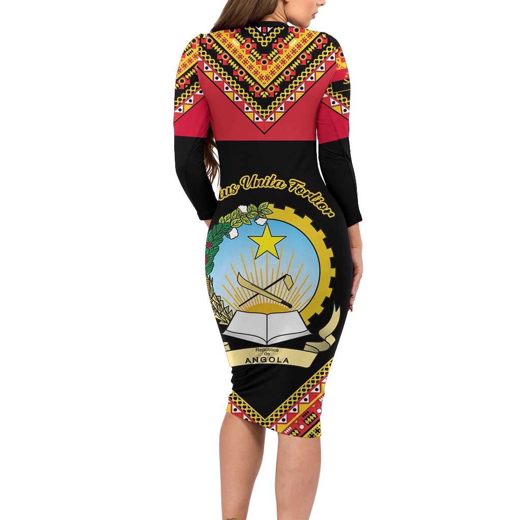 Angola Independence Day Long Sleeve Bodycon Dress Coat Of Arms Samakaka Pattern LT01