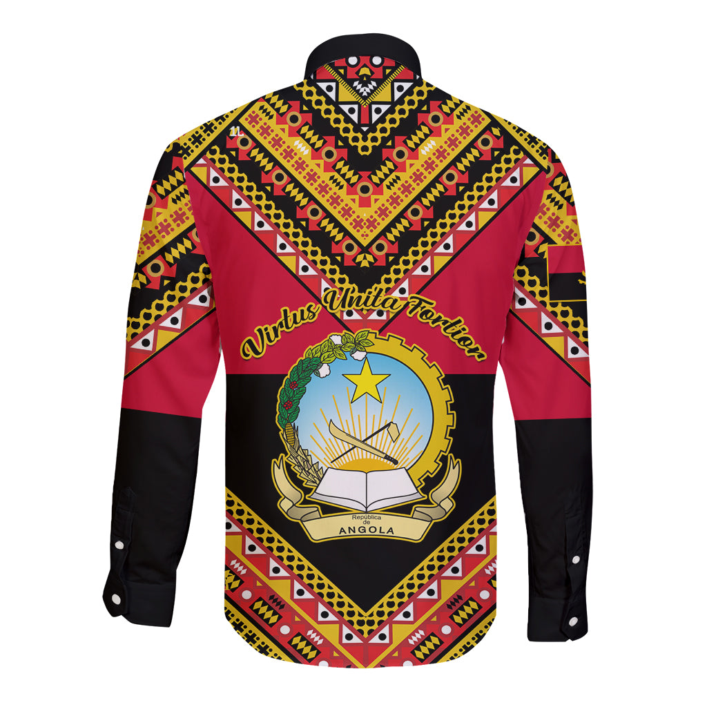 Angola Independence Day Long Sleeve Button Shirt Coat Of Arms Samakaka Pattern - Wonder Print Shop