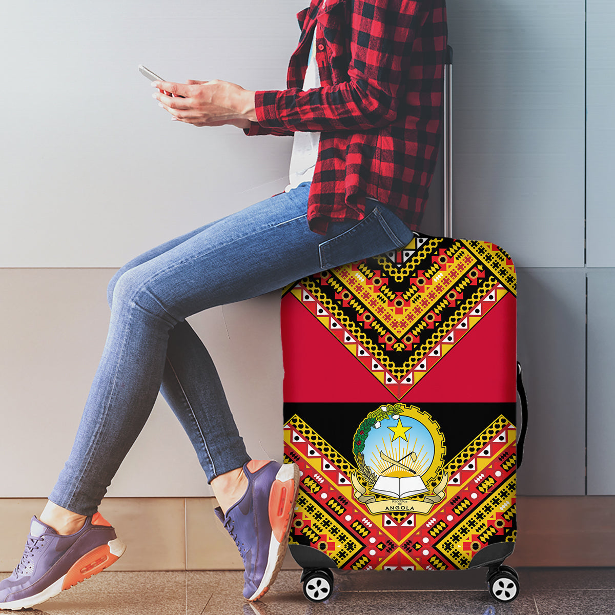 Angola Independence Day Luggage Cover Coat Of Arms Samakaka Pattern - Wonder Print Shop