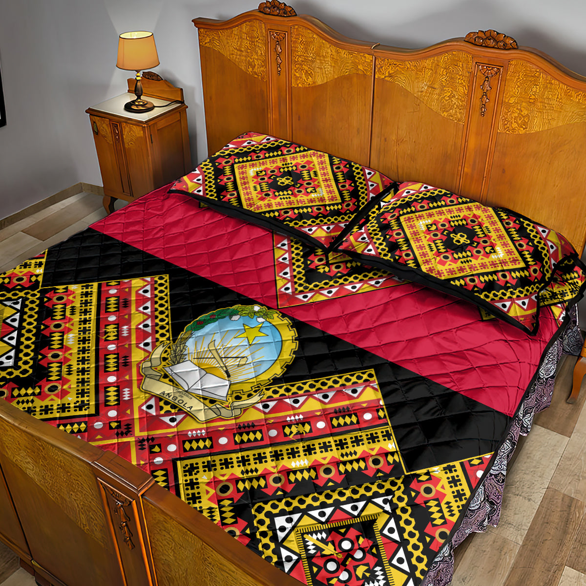 Angola Independence Day Quilt Bed Set Coat Of Arms Samakaka Pattern - Wonder Print Shop