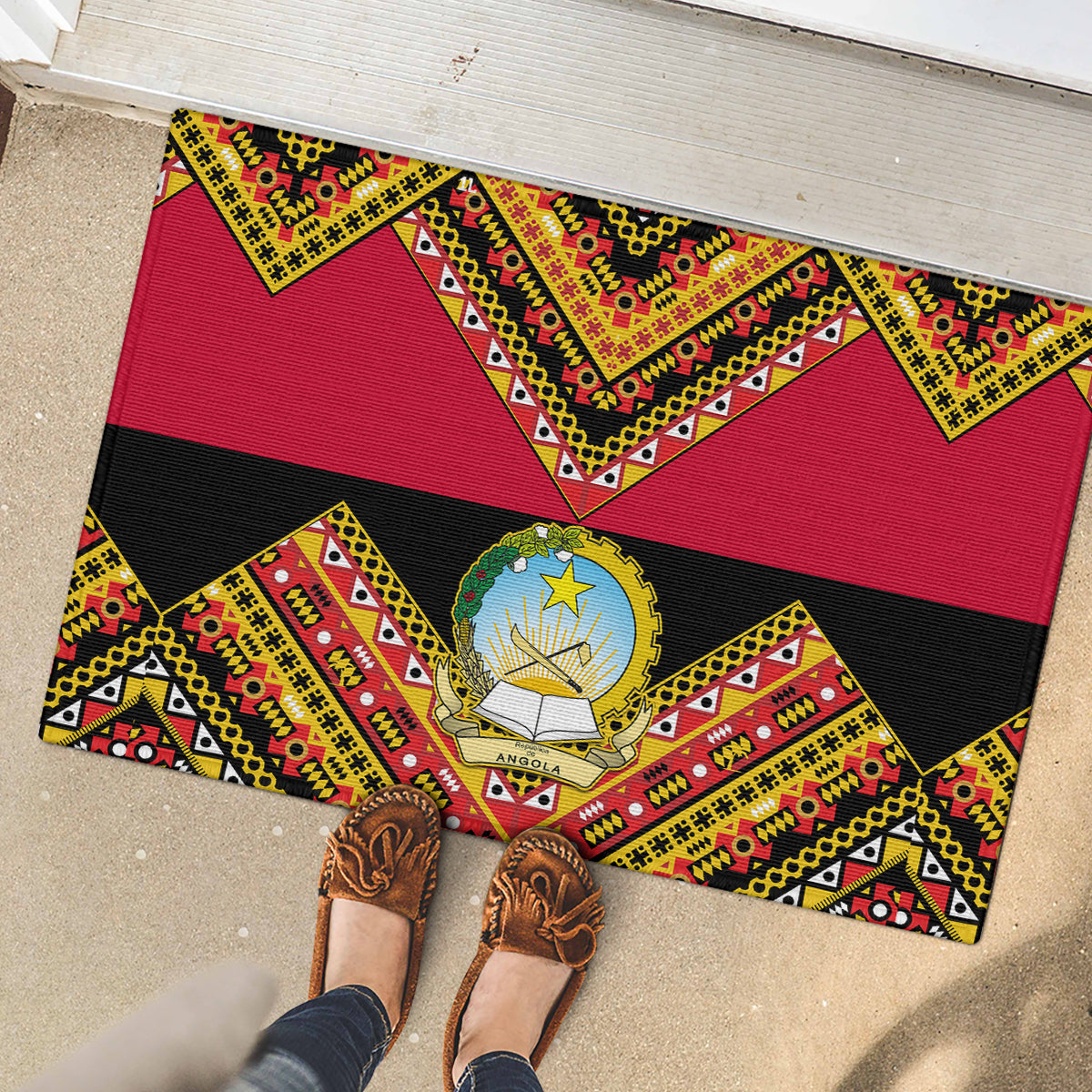 Angola Independence Day Rubber Doormat Coat Of Arms Samakaka Pattern - Wonder Print Shop