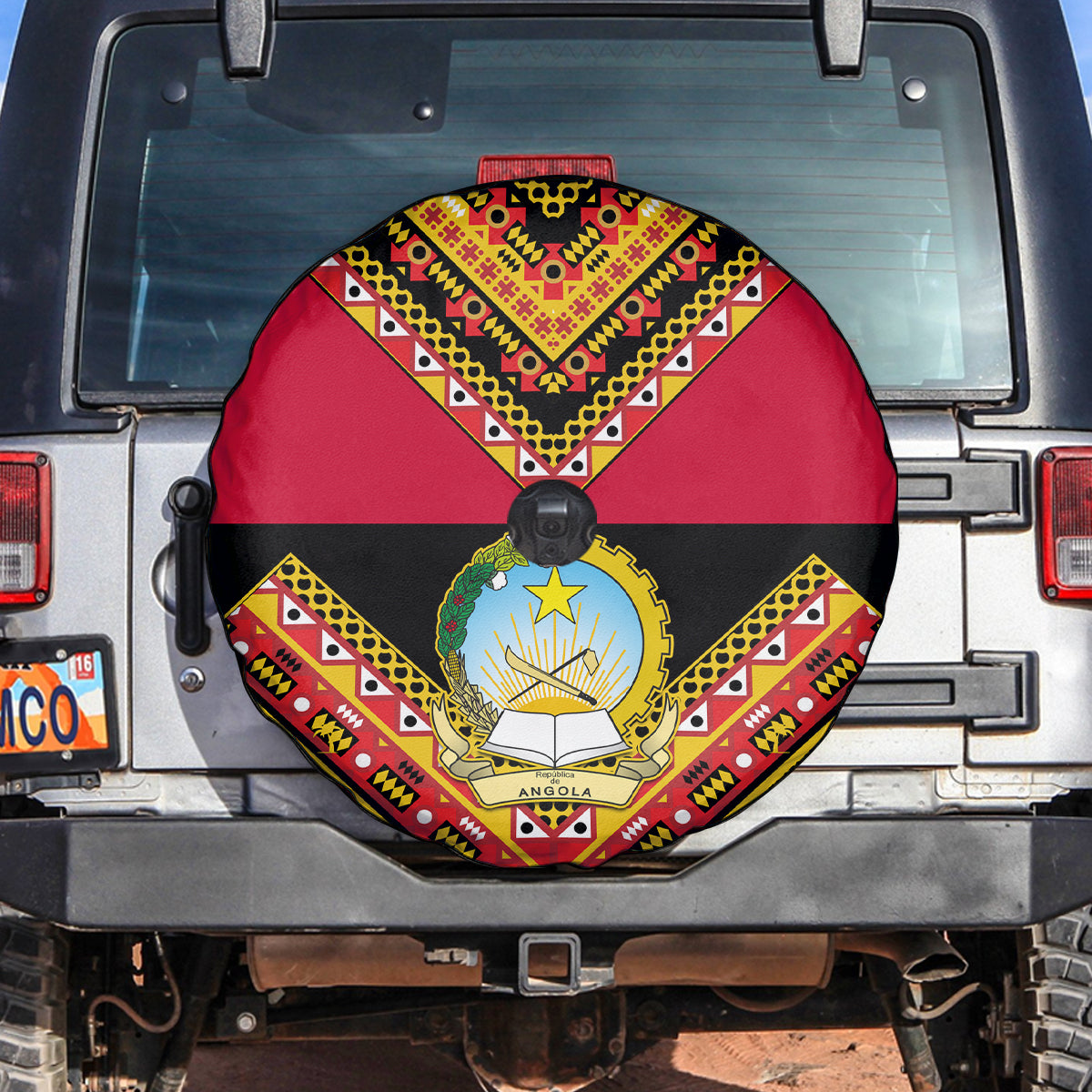 Angola Independence Day Spare Tire Cover Coat Of Arms Samakaka Pattern - Wonder Print Shop