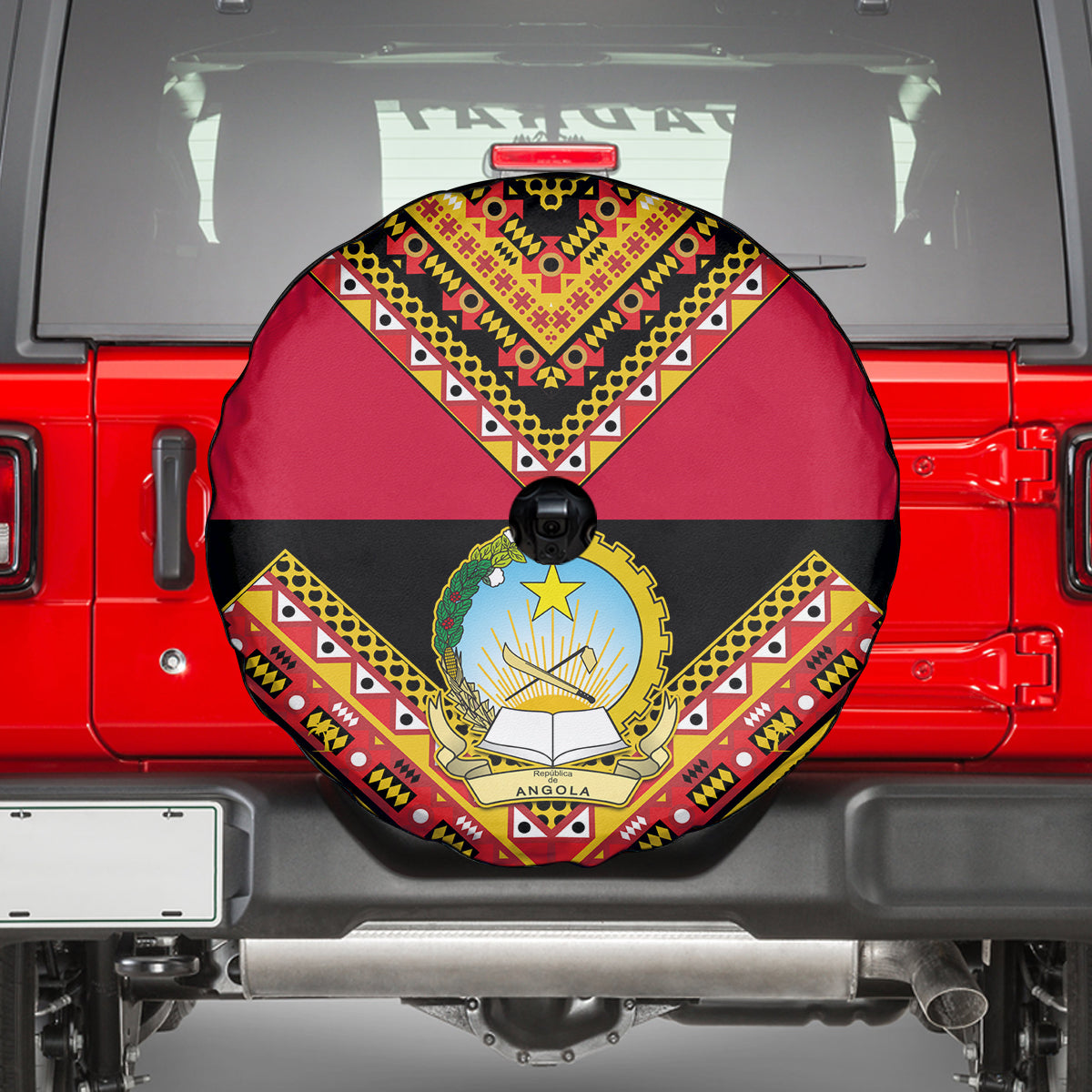 Angola Independence Day Spare Tire Cover Coat Of Arms Samakaka Pattern - Wonder Print Shop
