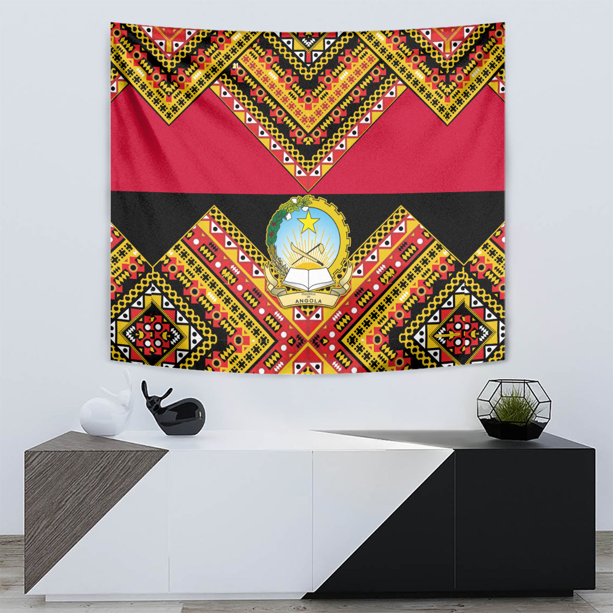 Angola Independence Day Tapestry Coat Of Arms Samakaka Pattern - Wonder Print Shop