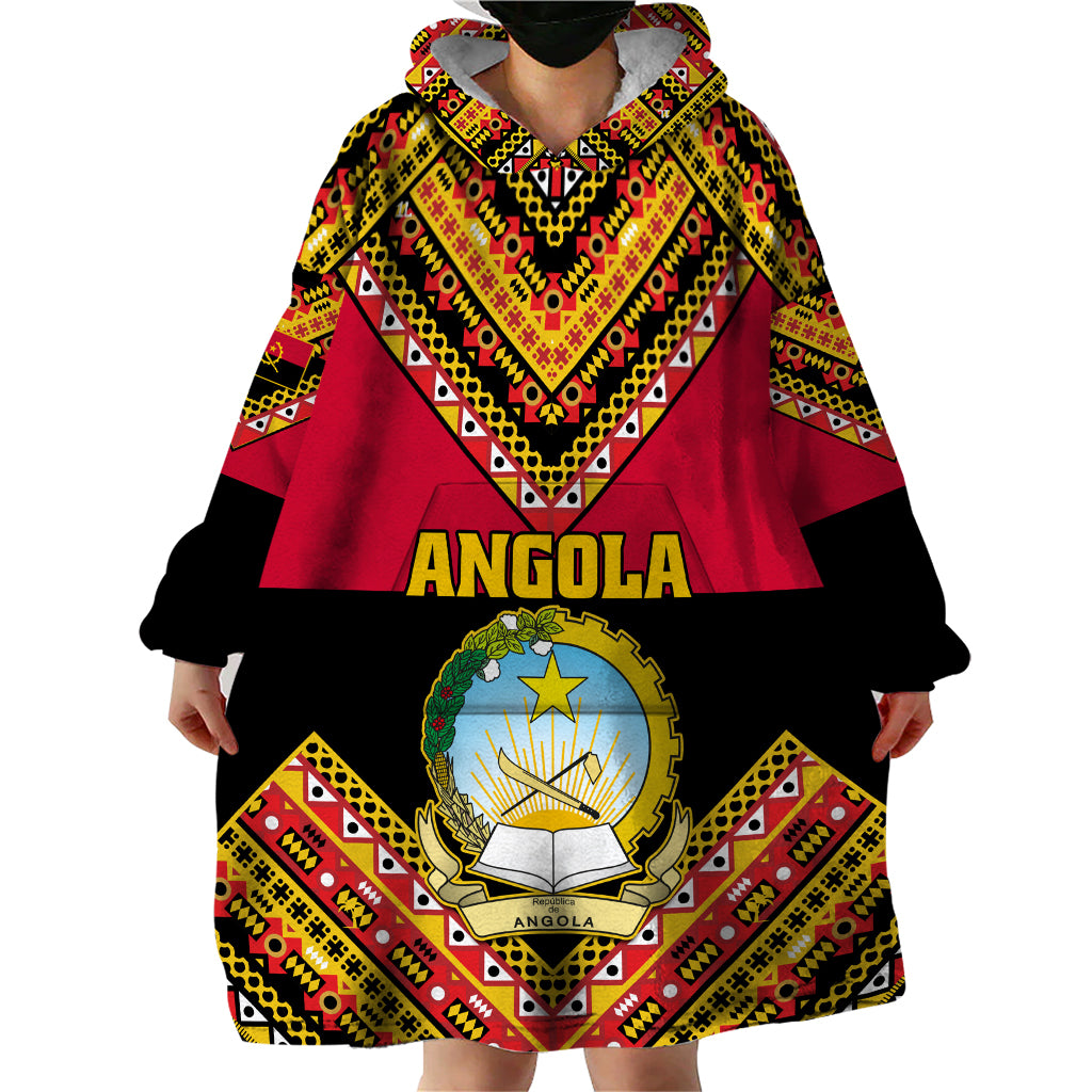 Angola Independence Day Wearable Blanket Hoodie Coat Of Arms Samakaka Pattern - Wonder Print Shop