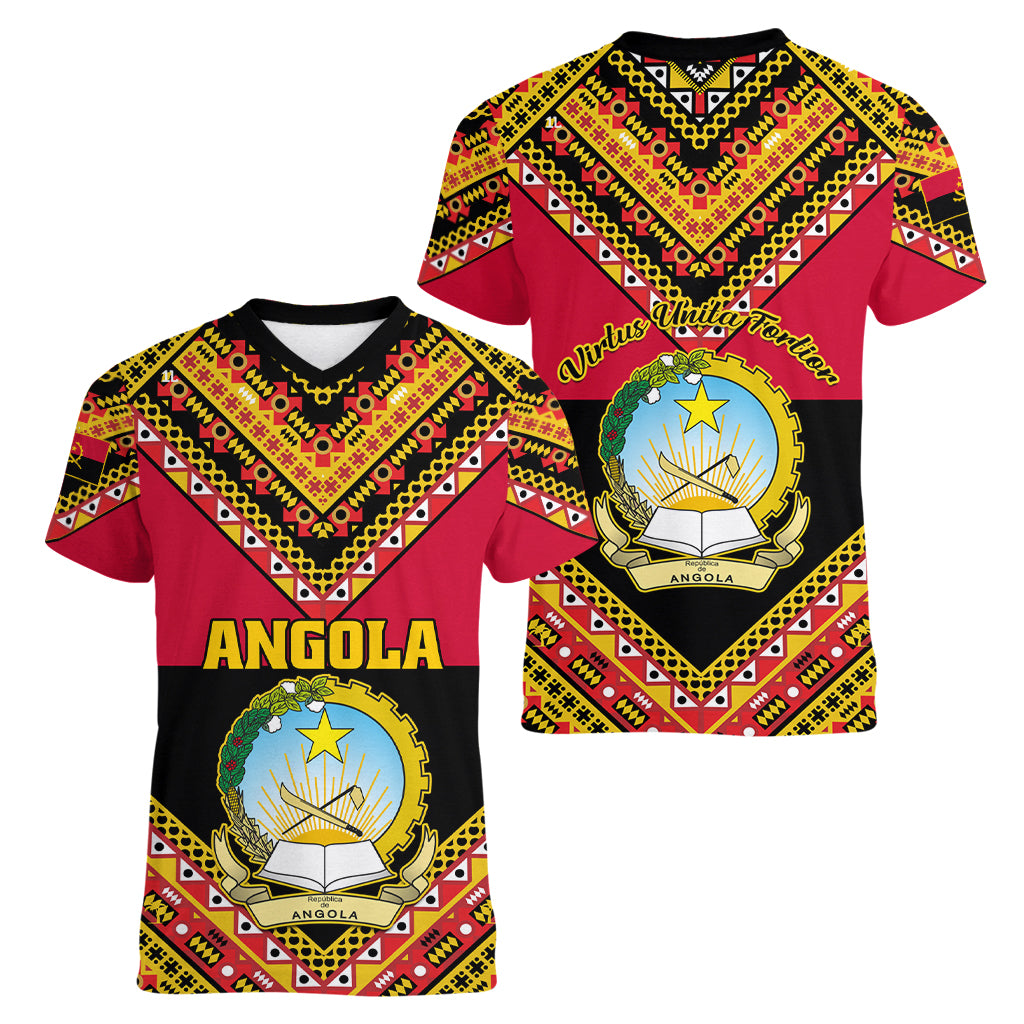 Angola Independence Day Women V Neck T Shirt Coat Of Arms Samakaka Pattern - Wonder Print Shop