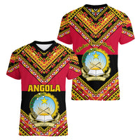 Angola Independence Day Women V Neck T Shirt Coat Of Arms Samakaka Pattern - Wonder Print Shop