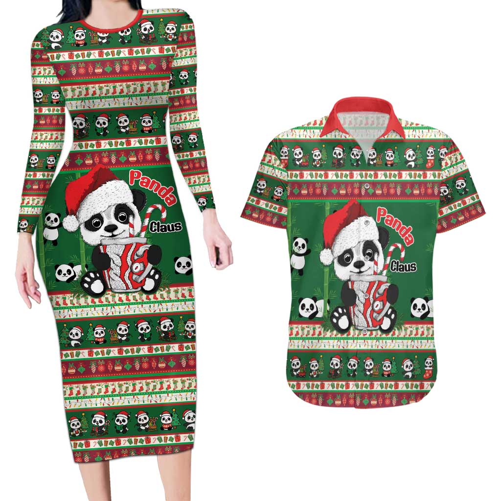Cute Panda Claus Christmas Couples Matching Long Sleeve Bodycon Dress and Hawaiian Shirt Panda Santa Claus - Wonder Print Shop