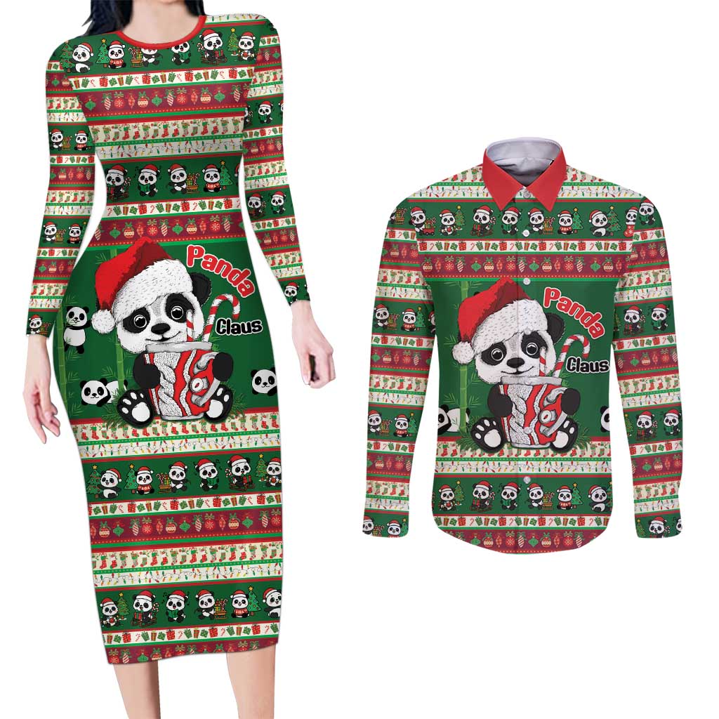 Cute Panda Claus Christmas Couples Matching Long Sleeve Bodycon Dress and Long Sleeve Button Shirt Panda Santa Claus - Wonder Print Shop