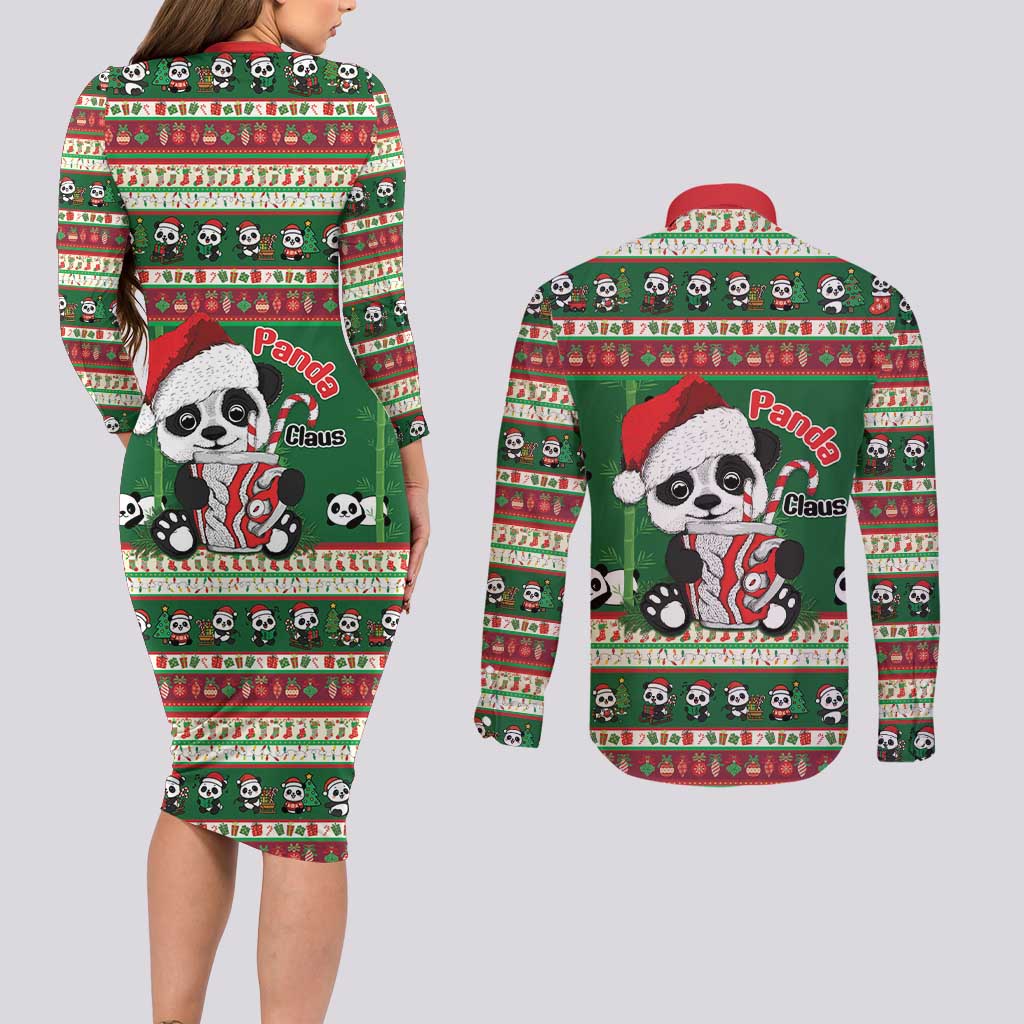 Cute Panda Claus Christmas Couples Matching Long Sleeve Bodycon Dress and Long Sleeve Button Shirt Panda Santa Claus - Wonder Print Shop