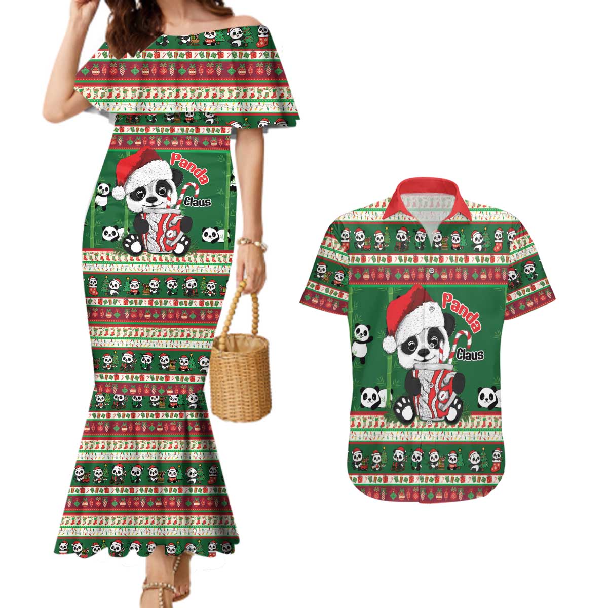 Cute Panda Claus Christmas Couples Matching Mermaid Dress and Hawaiian Shirt Panda Santa Claus - Wonder Print Shop
