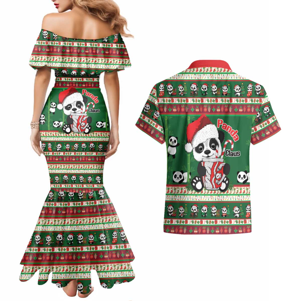 Cute Panda Claus Christmas Couples Matching Mermaid Dress and Hawaiian Shirt Panda Santa Claus - Wonder Print Shop