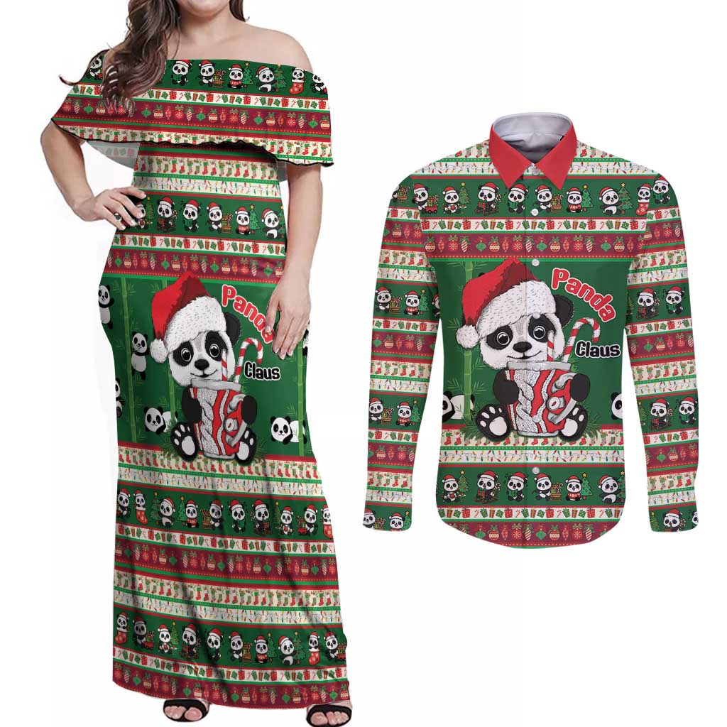 Cute Panda Claus Christmas Couples Matching Off Shoulder Maxi Dress and Long Sleeve Button Shirt Panda Santa Claus - Wonder Print Shop