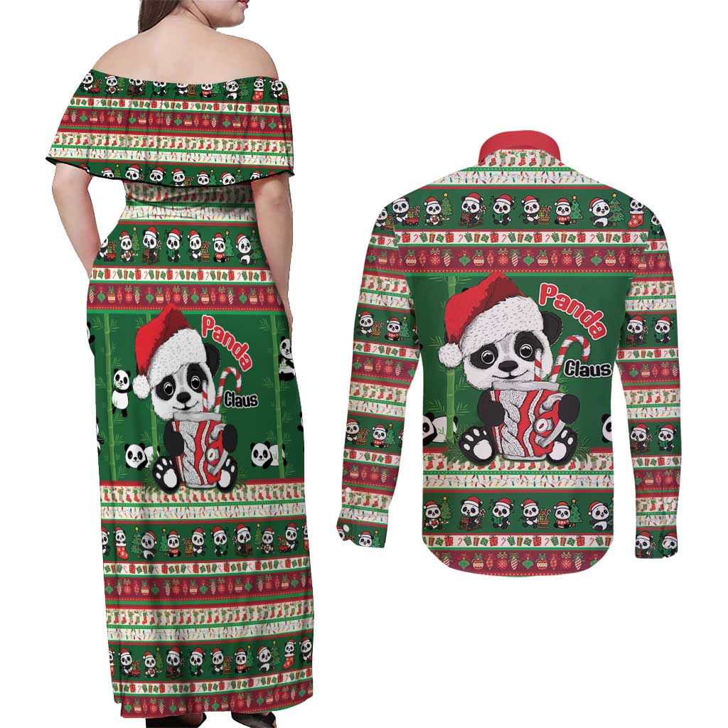 Cute Panda Claus Christmas Couples Matching Off Shoulder Maxi Dress and Long Sleeve Button Shirt Panda Santa Claus - Wonder Print Shop
