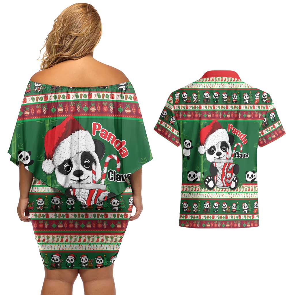 Cute Panda Claus Christmas Couples Matching Off Shoulder Short Dress and Hawaiian Shirt Panda Santa Claus - Wonder Print Shop