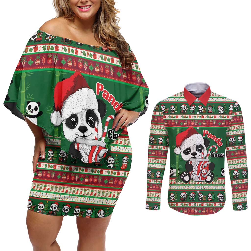 Cute Panda Claus Christmas Couples Matching Off Shoulder Short Dress and Long Sleeve Button Shirt Panda Santa Claus - Wonder Print Shop