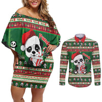 Cute Panda Claus Christmas Couples Matching Off Shoulder Short Dress and Long Sleeve Button Shirt Panda Santa Claus - Wonder Print Shop