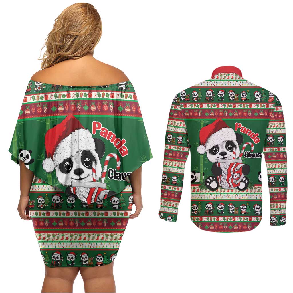 Cute Panda Claus Christmas Couples Matching Off Shoulder Short Dress and Long Sleeve Button Shirt Panda Santa Claus - Wonder Print Shop