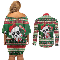 Cute Panda Claus Christmas Couples Matching Off Shoulder Short Dress and Long Sleeve Button Shirt Panda Santa Claus - Wonder Print Shop