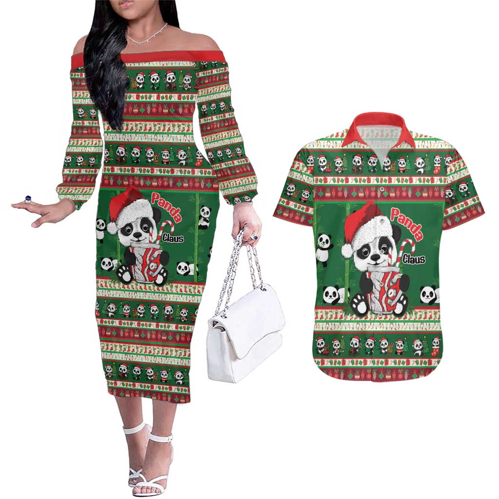 Cute Panda Claus Christmas Couples Matching Off The Shoulder Long Sleeve Dress and Hawaiian Shirt Panda Santa Claus - Wonder Print Shop