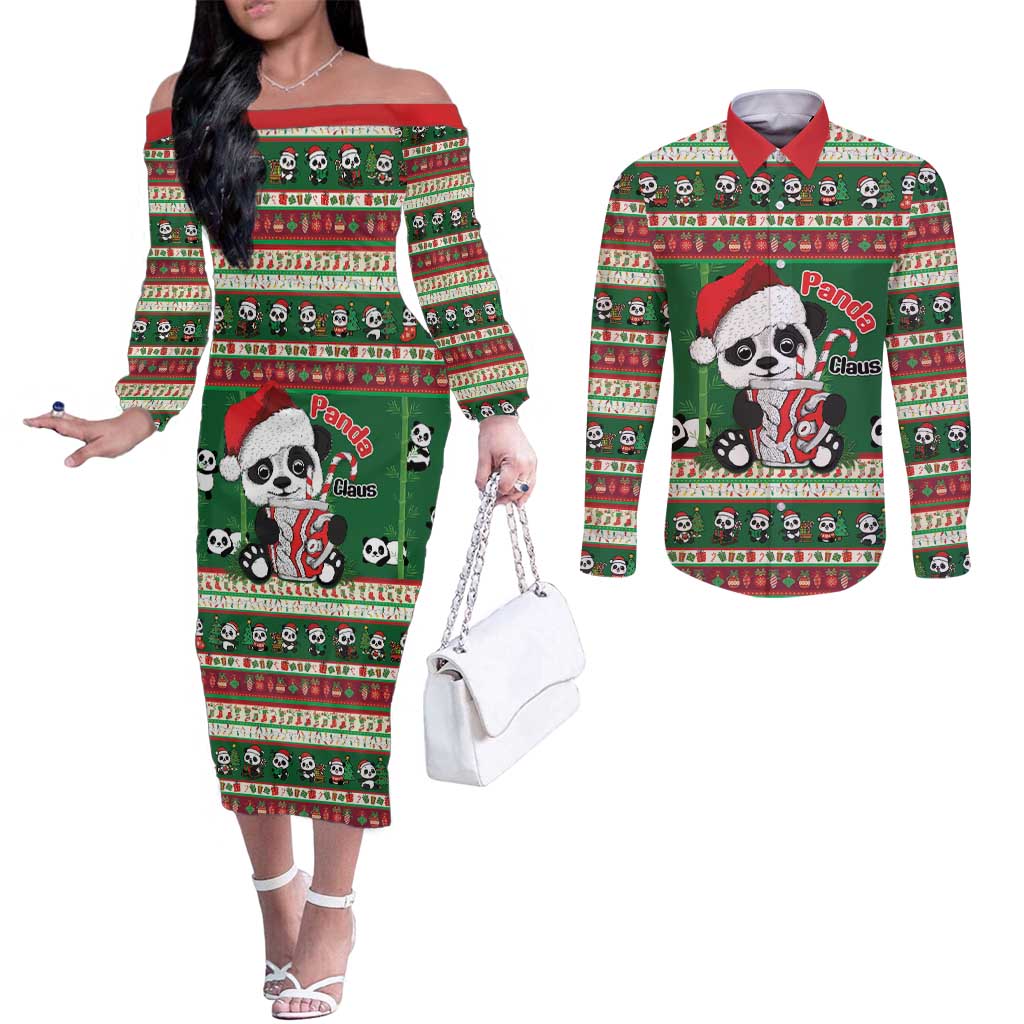 Cute Panda Claus Christmas Couples Matching Off The Shoulder Long Sleeve Dress and Long Sleeve Button Shirt Panda Santa Claus - Wonder Print Shop