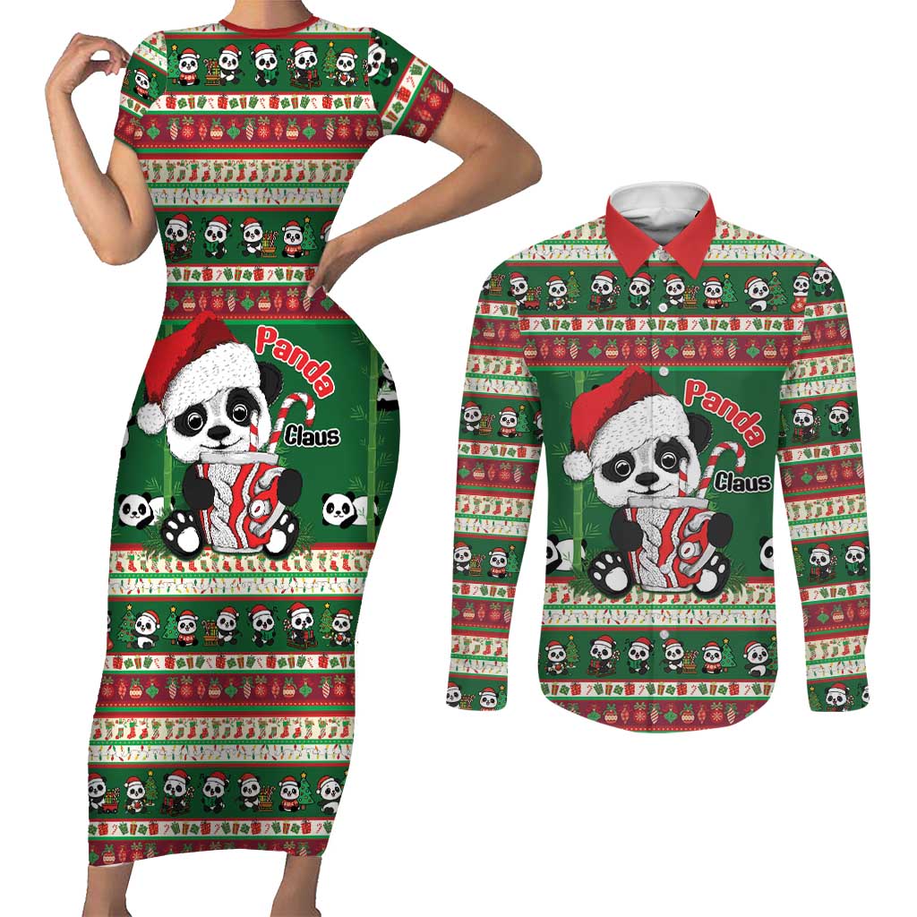 Cute Panda Claus Christmas Couples Matching Short Sleeve Bodycon Dress and Long Sleeve Button Shirt Panda Santa Claus - Wonder Print Shop
