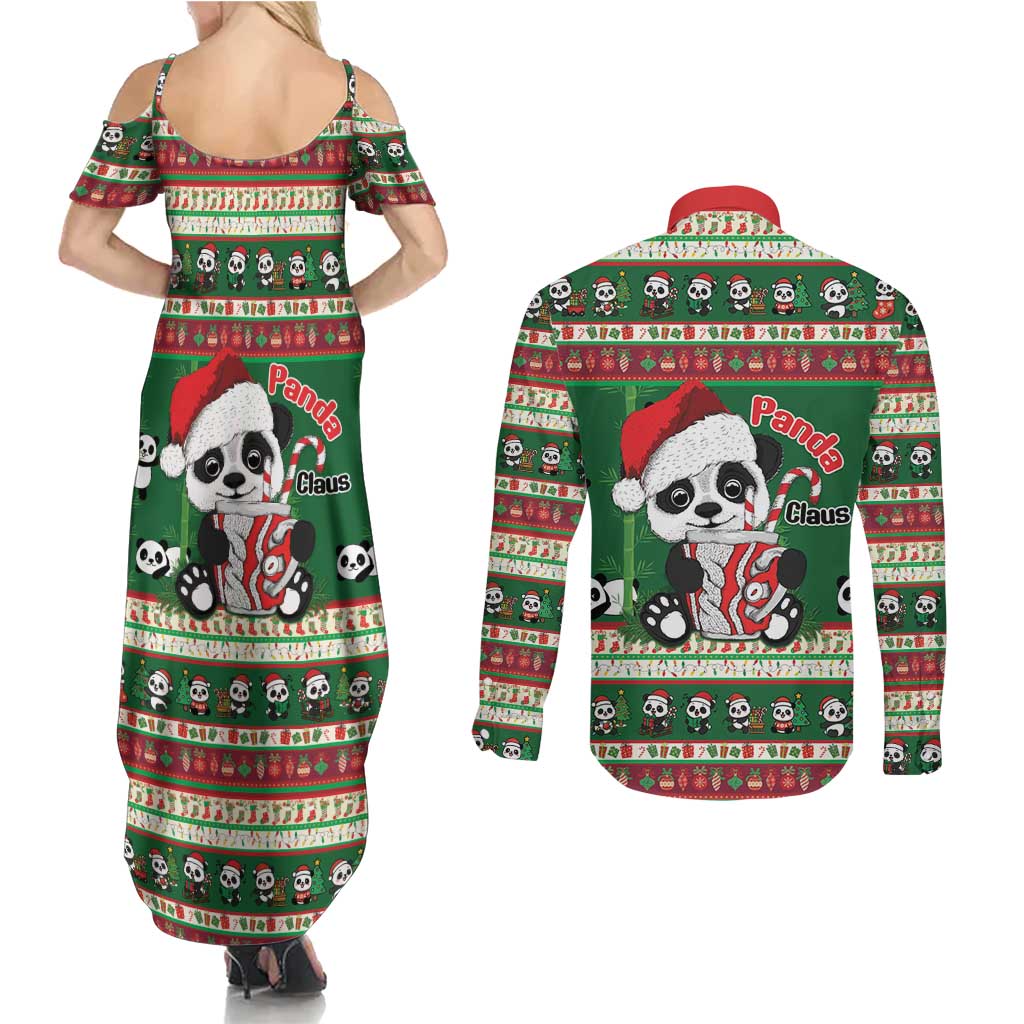 Cute Panda Claus Christmas Couples Matching Summer Maxi Dress and Long Sleeve Button Shirt Panda Santa Claus - Wonder Print Shop