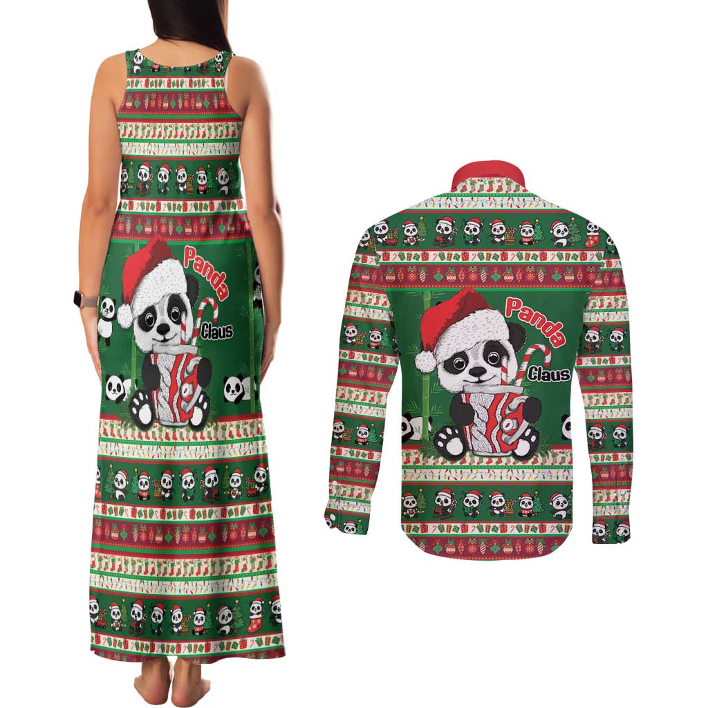 Cute Panda Claus Christmas Couples Matching Tank Maxi Dress and Long Sleeve Button Shirt Panda Santa Claus - Wonder Print Shop
