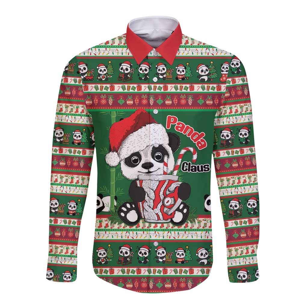 Cute Panda Claus Christmas Long Sleeve Button Shirt Panda Santa Claus - Wonder Print Shop