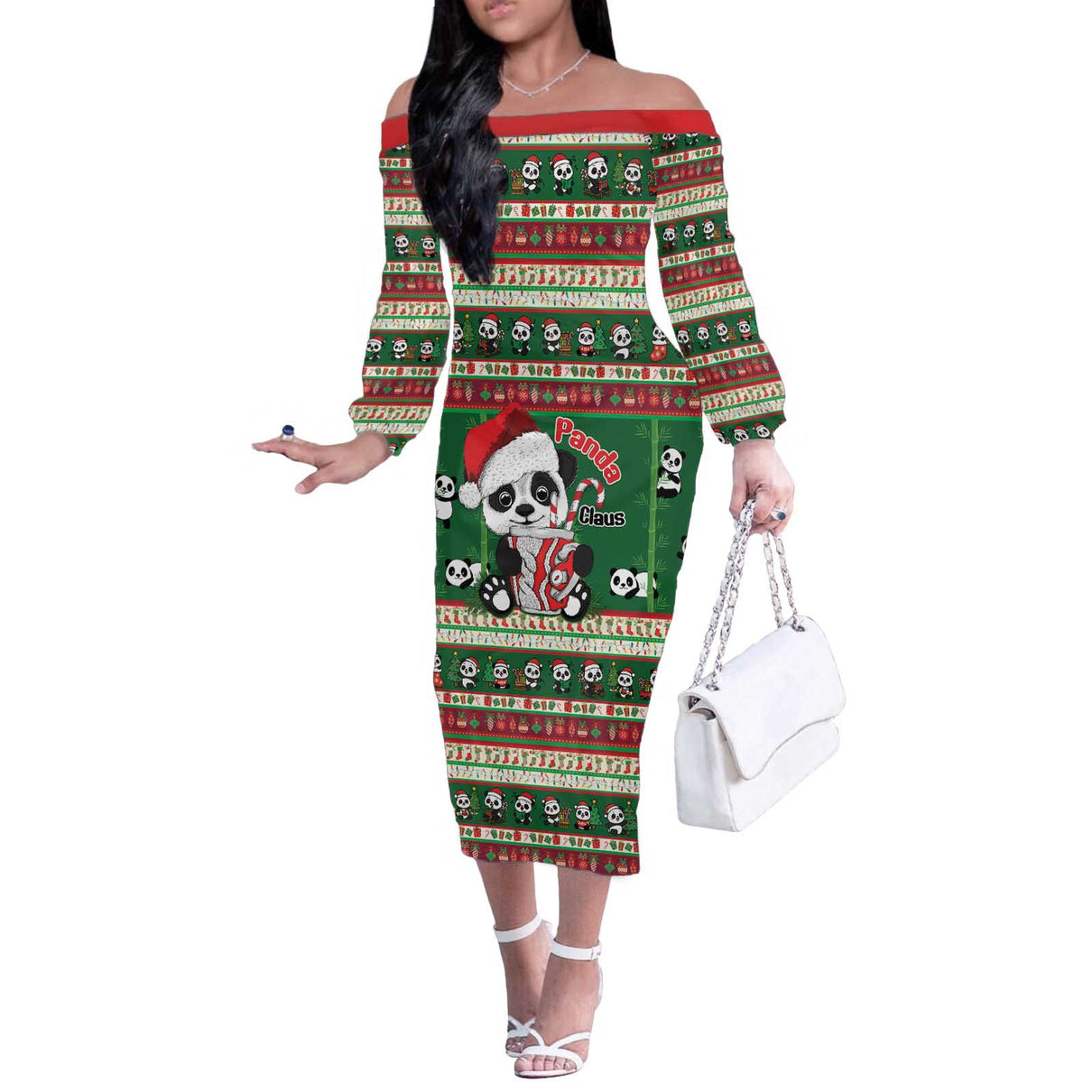 Cute Panda Claus Christmas Off The Shoulder Long Sleeve Dress Panda Santa Claus - Wonder Print Shop