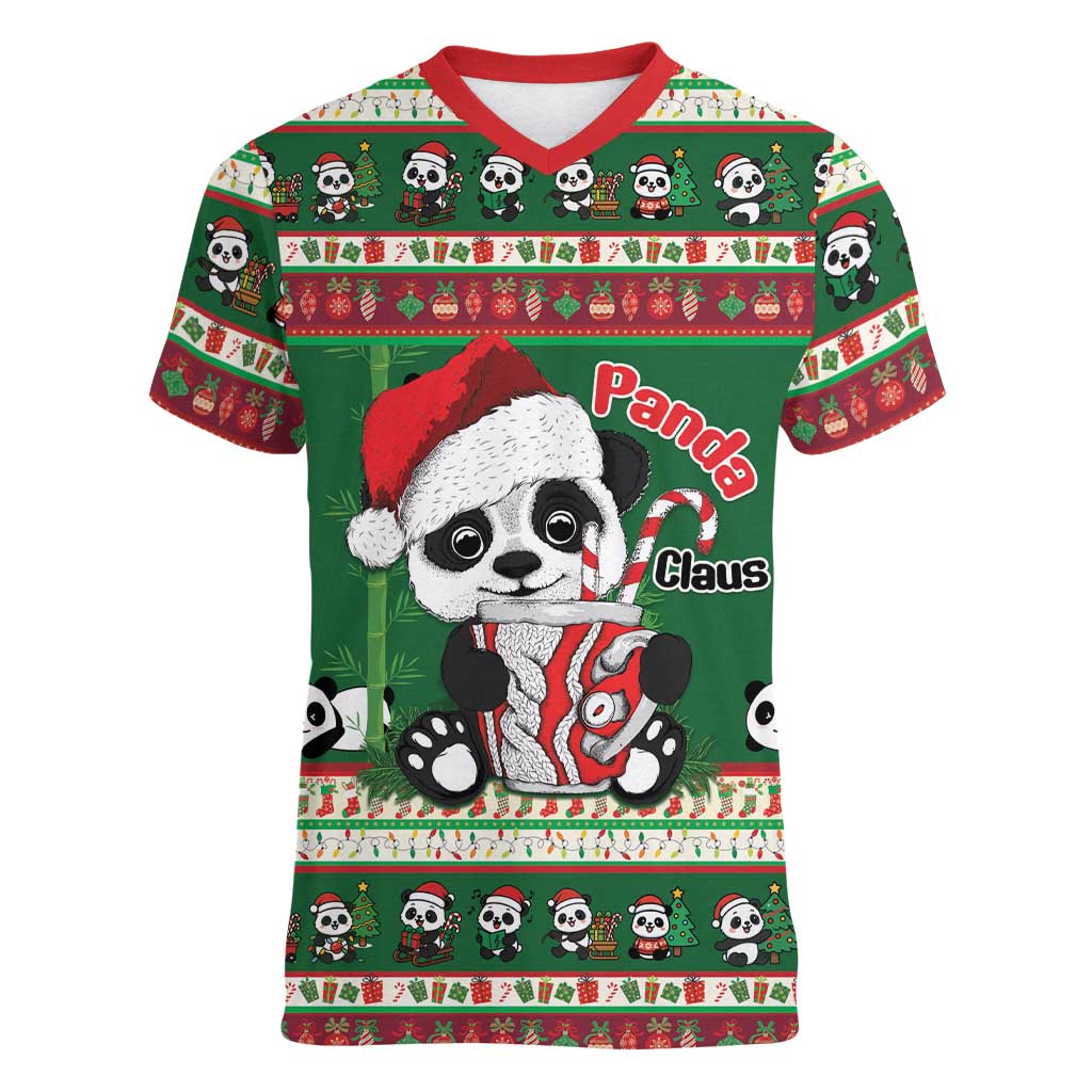 Cute Panda Claus Christmas Women V-Neck T-Shirt Panda Santa Claus - Wonder Print Shop