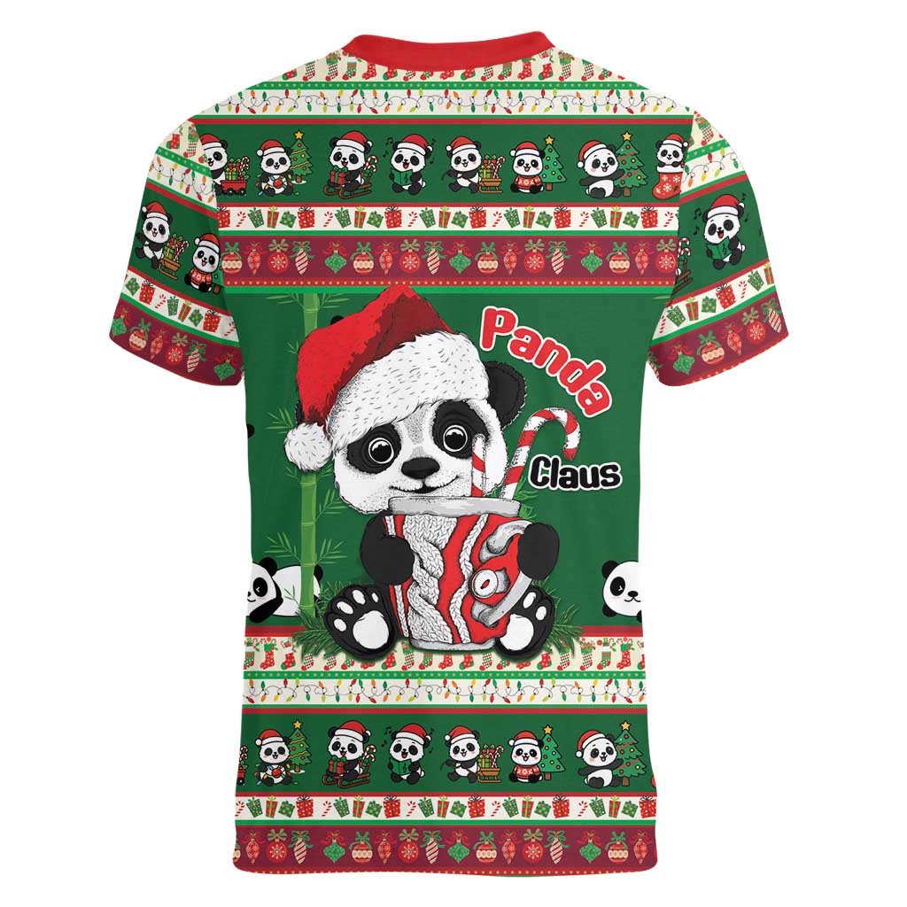 Cute Panda Claus Christmas Women V-Neck T-Shirt Panda Santa Claus - Wonder Print Shop