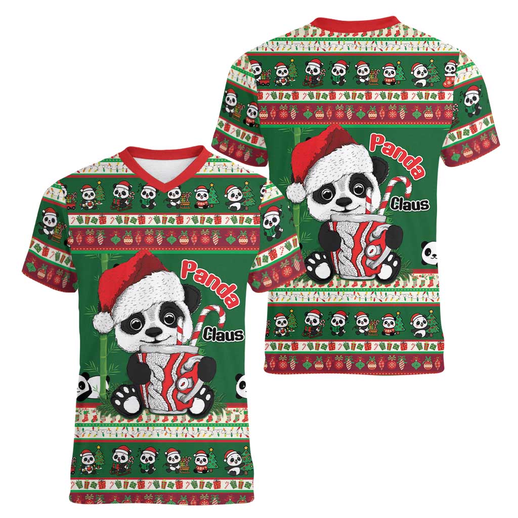 Cute Panda Claus Christmas Women V-Neck T-Shirt Panda Santa Claus - Wonder Print Shop
