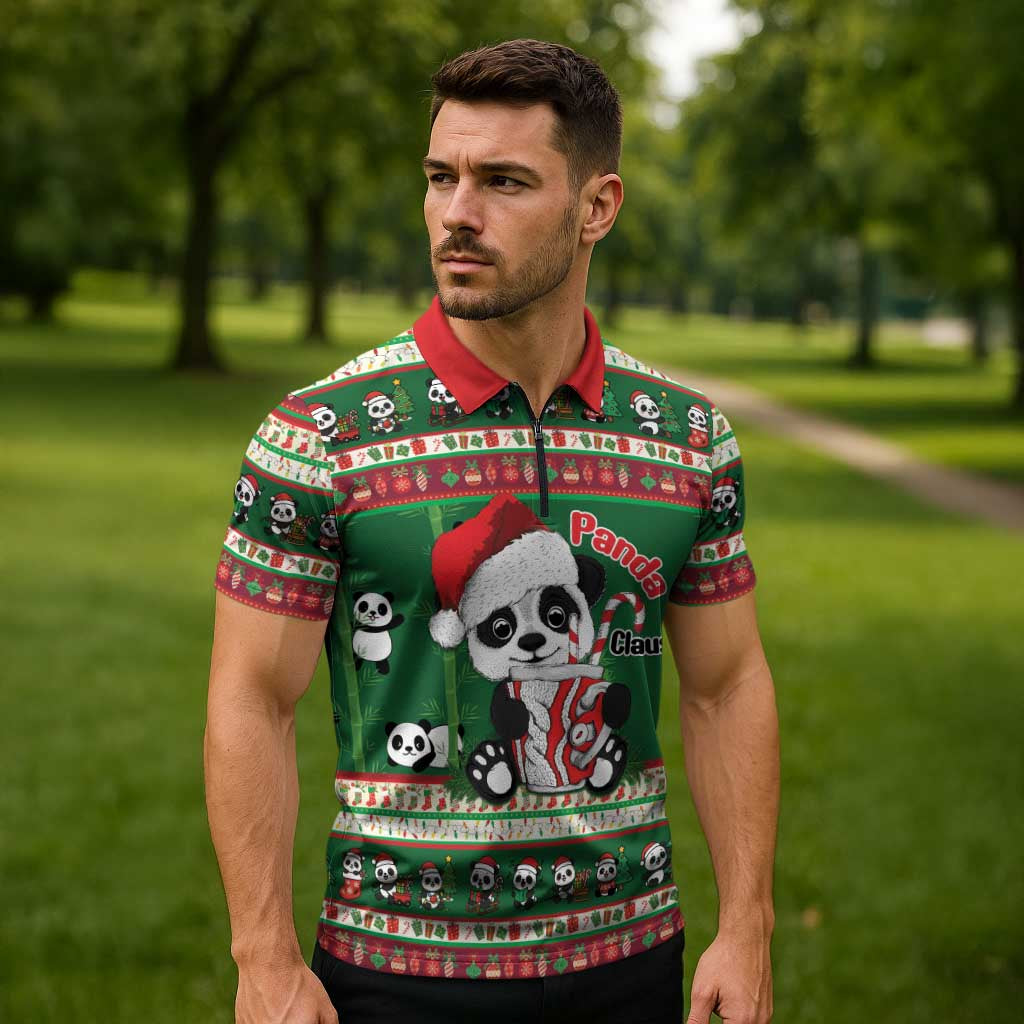 Cute Panda Claus Christmas Zipper Polo Shirt Panda Santa Claus - Wonder Print Shop