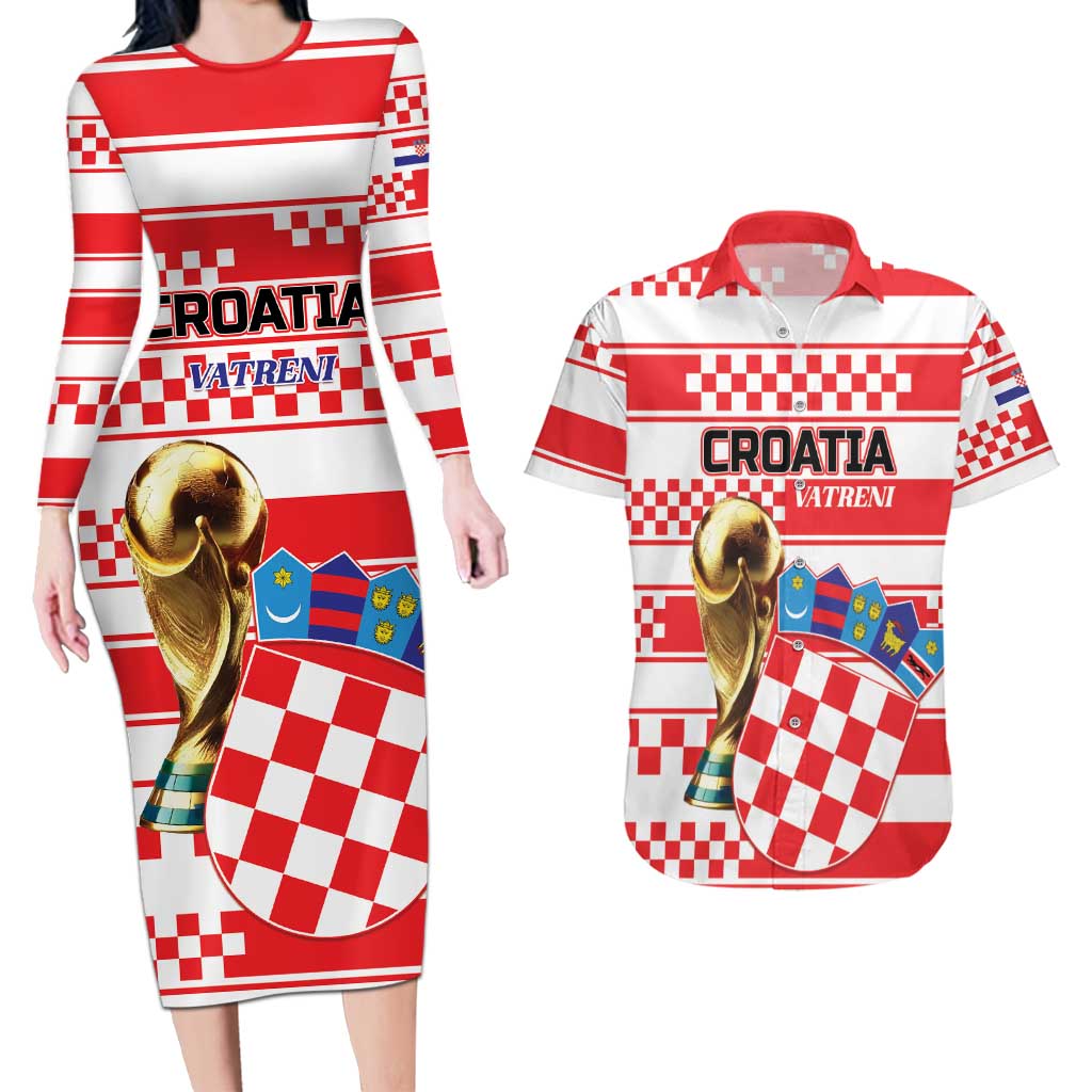 Custom World Football Croatia 2026 Couples Matching Long Sleeve Bodycon Dress and Hawaiian Shirt Vatreni Hrabar Broj - Wonder Print Shop