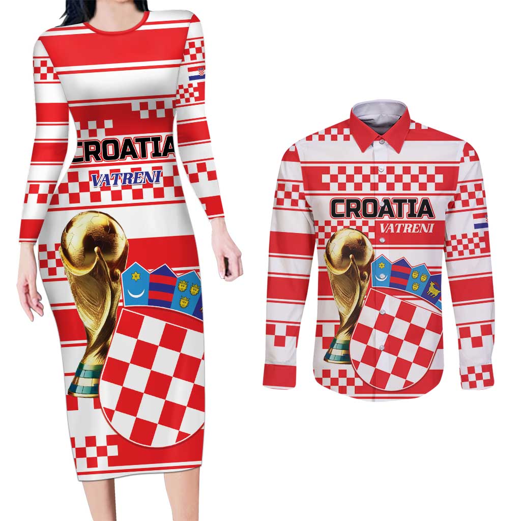 Custom World Football Croatia 2026 Couples Matching Long Sleeve Bodycon Dress and Long Sleeve Button Shirt Vatreni Hrabar Broj - Wonder Print Shop