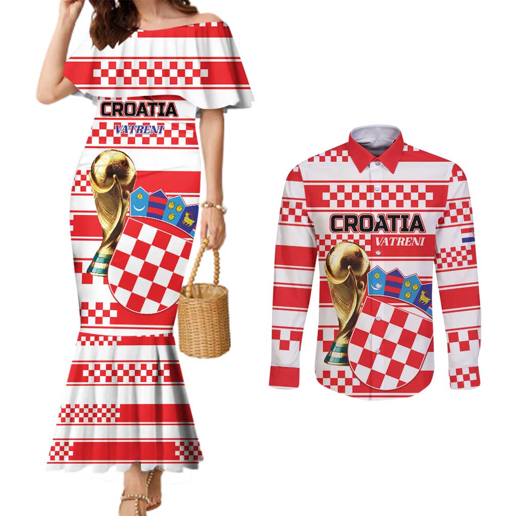 Custom World Football Croatia 2026 Couples Matching Mermaid Dress and Long Sleeve Button Shirt Vatreni Hrabar Broj - Wonder Print Shop