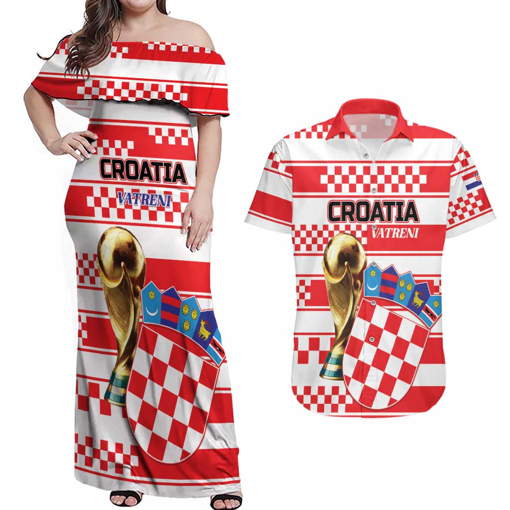 Custom World Football Croatia 2026 Couples Matching Off Shoulder Maxi Dress and Hawaiian Shirt Vatreni Hrabar Broj - Wonder Print Shop