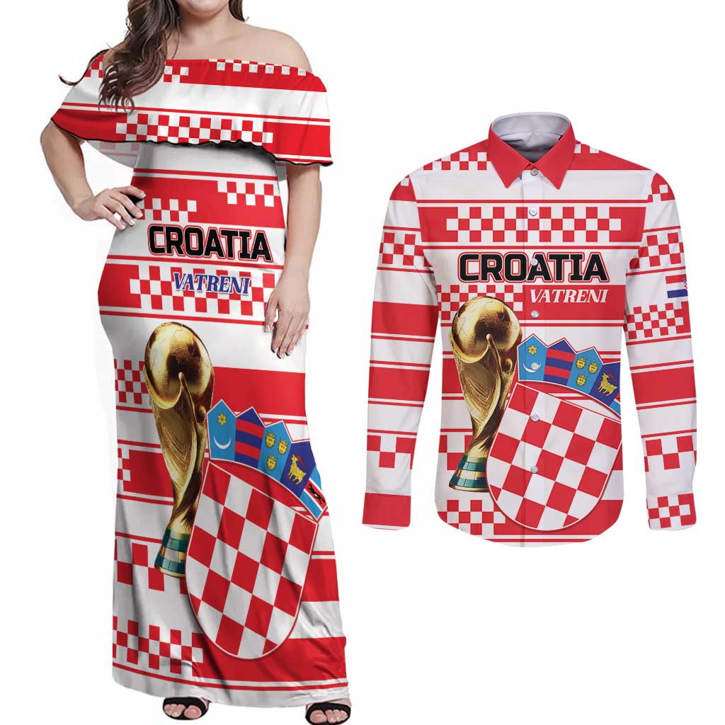 Custom World Football Croatia 2026 Couples Matching Off Shoulder Maxi Dress and Long Sleeve Button Shirt Vatreni Hrabar Broj - Wonder Print Shop