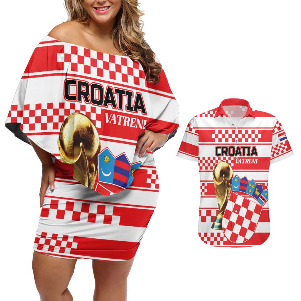 Custom World Football Croatia 2026 Couples Matching Off Shoulder Short Dress and Hawaiian Shirt Vatreni Hrabar Broj - Wonder Print Shop