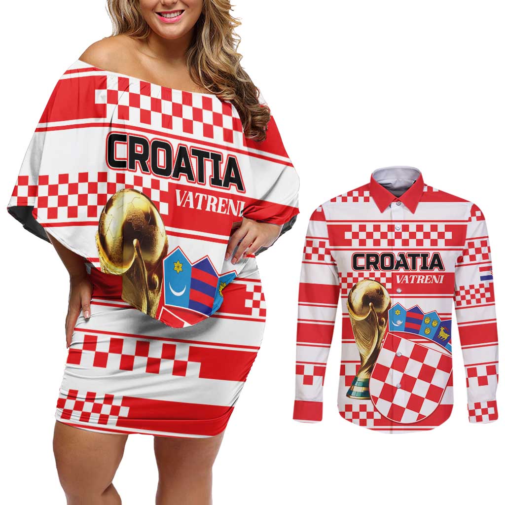 Custom World Football Croatia 2026 Couples Matching Off Shoulder Short Dress and Long Sleeve Button Shirt Vatreni Hrabar Broj - Wonder Print Shop