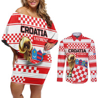 Custom World Football Croatia 2026 Couples Matching Off Shoulder Short Dress and Long Sleeve Button Shirt Vatreni Hrabar Broj - Wonder Print Shop